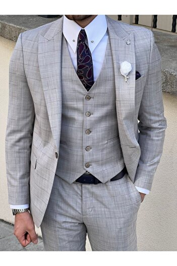 NAZEF Slim Cut Special Production Pointed Collar Plaid Vest Wool Suit