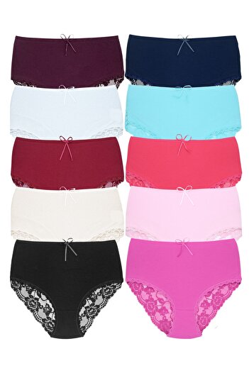 Zena 10 Pack High Waist Back V Lace Cotton Plus Size Women's Panties