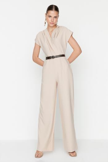 Trendyol Collection Stone Belted Double Breasted Límec Wide Leg tkaný overal TWOSS21TU0004