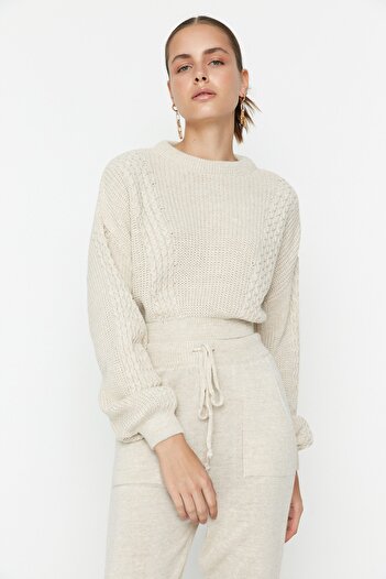 Trendyol Collection Bézs Crop Crew Neck kötöttáru felső és alsó készlet TWOAW21AU0047