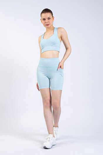 The Step Sports Pantaloni scurți sport cu talie înaltă, albastru, cu buzunar, 8&quot;