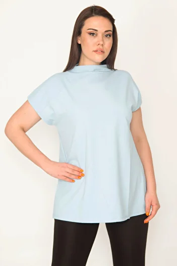 Şans Women's Plus Size Blue Organic Cotton Crew Neck Cup Blouse 65n32664