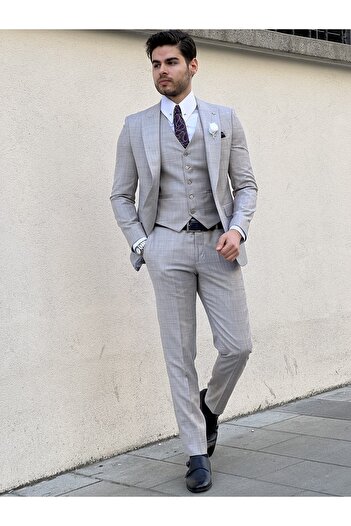 NAZEF Slim Cut Special Production Pointed Collar Plaid Vest Wool Suit