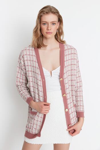 Trendyol Collection Dusty Rose Wide Fit Tweed Look Glittery Knitted Cardigan TWOAW21HI0250