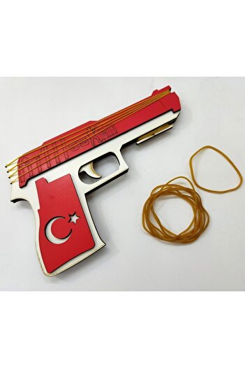 abnturk Ambalaj Lastiği Fırlatan Otomatik Oyuncak Tahta Tabanca 30 Lastik