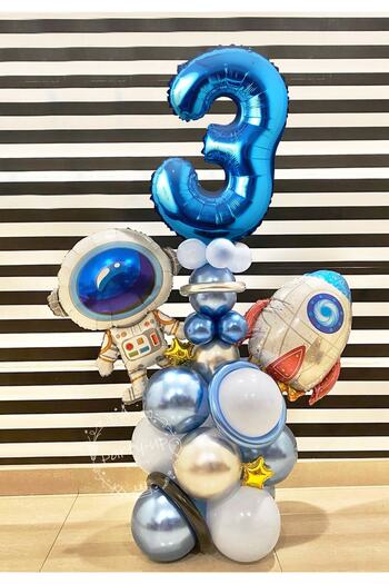 PARTİAVM Astronaut Rocket Space Themed 3 Years Old Blue Number Balloon Set
