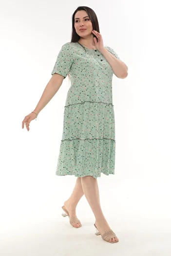 STELLETO Floral Patterned Double Ruffle Green Modal Dress