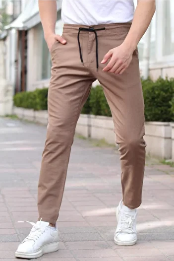 Tarz Cool Brown Men's Eganis Drawstring Jogger Buttoned Fabric Trousers-jggrkmpnt01r0434