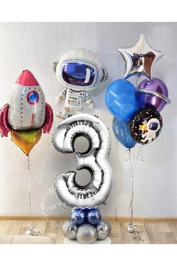 PARTİAVM Astronaut Rocket Space Themed 3 Years 100cm Silver Number Balloon Set