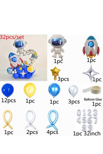 PARTİAVM Astronaut Rocket Space Themed Welcome Set with Silver Number Balloons