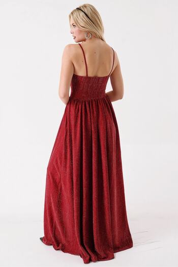 lovebox Burgundy Sparkling Fabric Low-Cut Chest Slit Detailed Long Burgundy 022