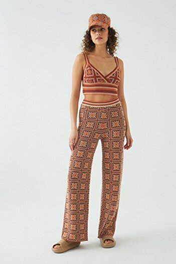 JU Ethnic Pattern Wide Leg Knitwear Trousers