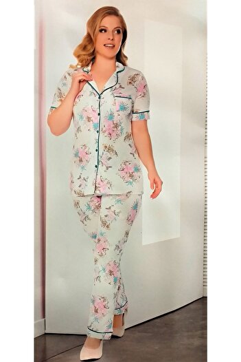 FLZ Plus Size Front Buttoned Short Sleeve Pajama Set Floral