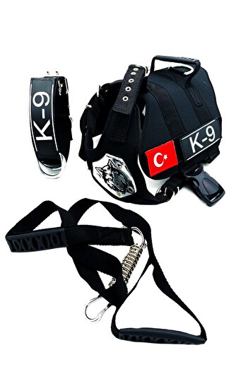 Tasma Market Black Wolf Head Turkish Flag K9 Dog Collar Walking Neck Set
