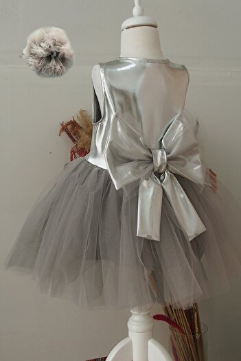 Shecco Babba Girl's Gray Tutu Dress with Bow on the Back Bandana Set Birthday Dress