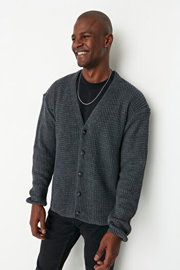 Trendyol Collection V-Neck Anthracite Oversize Textured Cardigan - TMNAW21HI0238