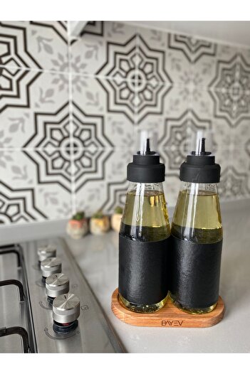 Bayev 3 Pieces Large Size Drip-Free Smart Glass Oil Bowl Set with Leather Cover Wooden Stack - 750 ml