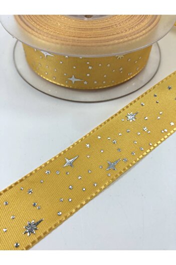 Hobigram Dark Yellow Star Patterned Taffeta Ribbon – Special Design, Accessory, Quality Production, Eye-Catching Style –