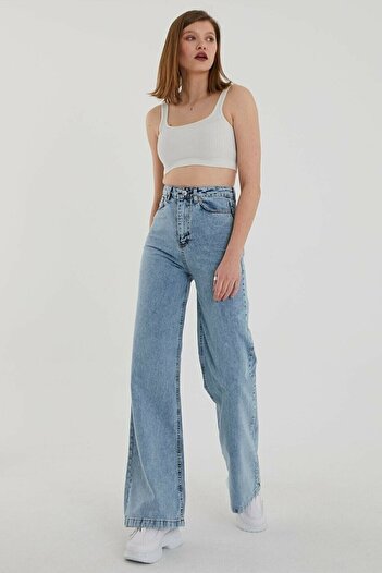 Trn JNS Ανοιχτό μπλε 90's Snow Wash Blue Lycra Super ψηλόμεσο φαρδύ τζιν παντελόνι Palazzo