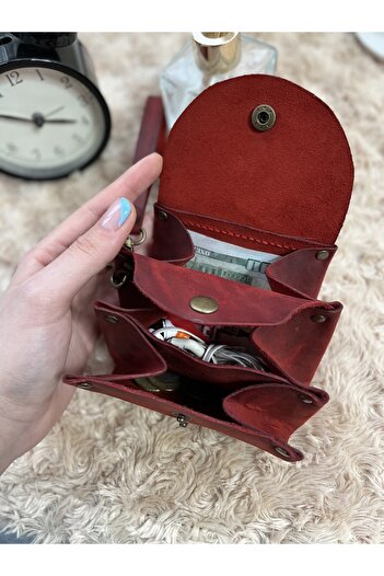 BrownArtCraft Gerçek Deri Çok Gözlü Akordiyon Kırmızı Kadın Cüzdanı
