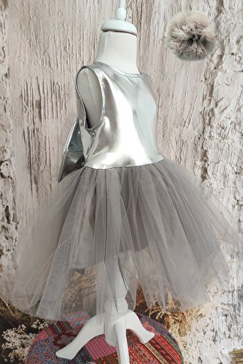 Shecco Babba Girl's Gray Tutu Dress with Bow on the Back Bandana Set Birthday Dress