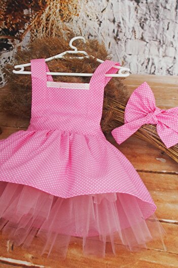 Shecco Babba Pink Polka Dot Girl's Tutu Dress Bandana Set 1-10 Years Old Birthday Dress
