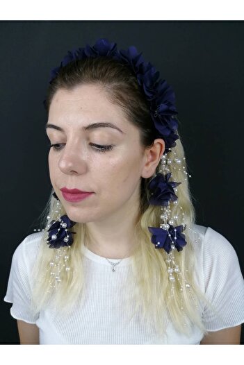 Hobigram Navy Blue Laser Cut Floral Crown with Earrings Crown Organization Henna Crown Bride Crown Maternity Crown