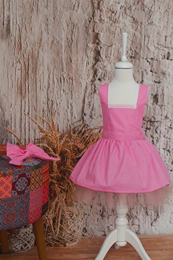 Shecco Babba Pink Polka Dot Girl's Tutu Dress Bandana Set 1-10 Years Old Birthday Dress