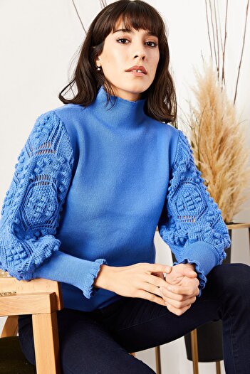 Olalook Pulover din tricot cu textura moale cu mâneci albastre pentru femei KZK-19000175