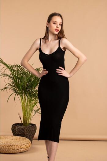 The Base Women's Black Slit Detailed V-Neck Rope Strap Pencil Dress