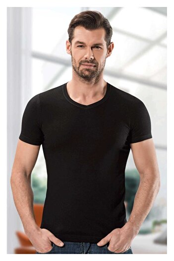 Anıt Black Modal V-Neck Men's T-Shirt - Short Sleeve