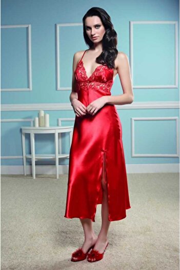 Espuar 810 Satin Lace Detailed Single Long Slit Nightgown