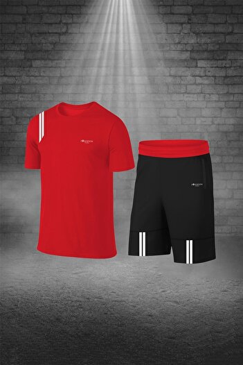 POSEIDON STORM Plus Size Men's Red Dri-fit Fabric Comfortable Pocketed Crew Neck T-Shirt Shorts Bottom Top T for Sports