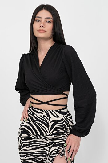 Soyo Women's Black Waist Tied Balloon Sleeve Crop Blouse