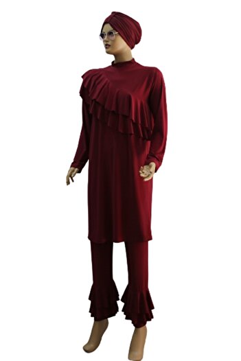 eflin Women's Clothing Claret Red Valon Full Covered Hijab Swimsuit Large Size Option