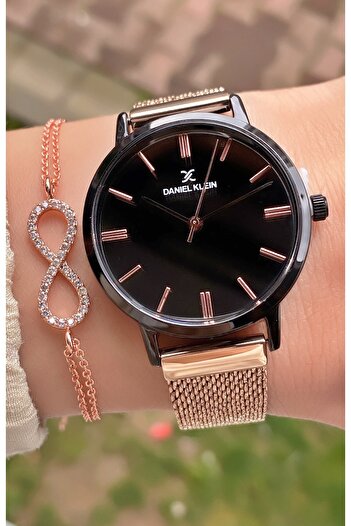 Daniel Klein Brand Rose Black Color Waterproof Women's Wristwatch - With Bracelet Gift