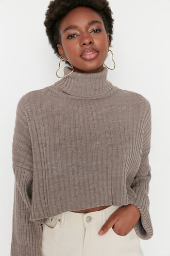 Trendyol Collection Basic-Strickpullover, cropped, braun TWOAW22KZ0223