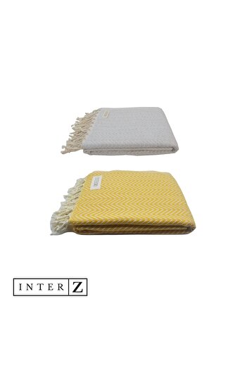 INTER Z Set of 2 Peshtemal Beach Towels, 100% Cotton, Xxl 100x180cm, Marmaris, Honey Yellow-gray
