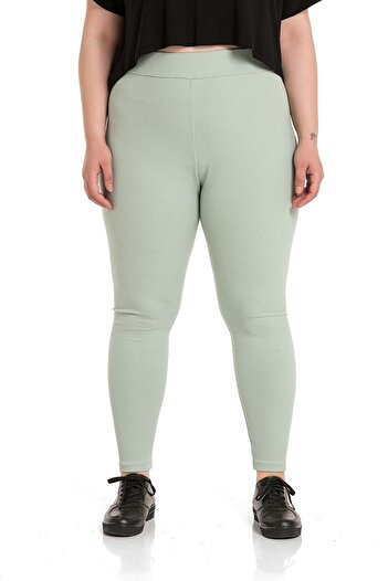 DISENTIS MODEST Large Size Ribbed Elastic Waist Ankle Length Green Leggings