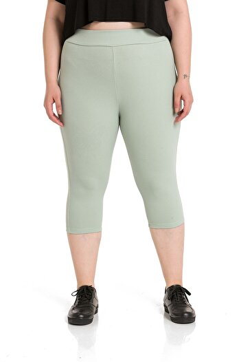 DISENTIS MODEST Large Size Ribbed Elastic Waist Karyoka Stitching Below the Knee Green Tights