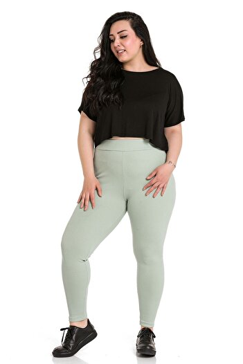 DISENTIS MODEST Large Size Ribbed Elastic Waist Ankle Length Green Leggings