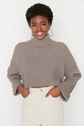Trendyol Collection Basic-Strickpullover, cropped, braun TWOAW22KZ0223