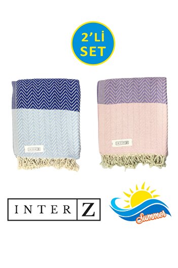 INTER Z Σετ 2 πετσέτες παραλίας Peshtemal, 100% βαμβάκι, Xxl 100x180cm, Marmaris, L.skyblue-pinklila