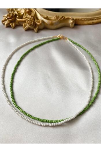 SWORDS CONCEPT Double White Green Bead Necklace
