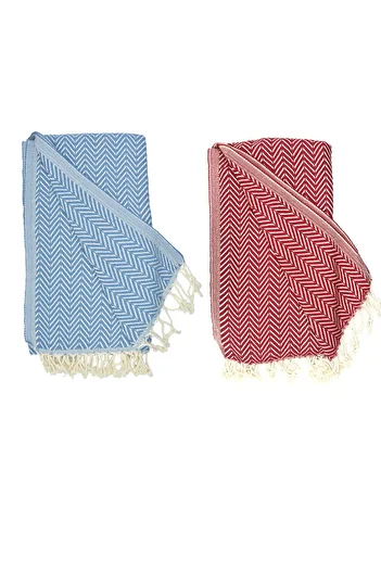 INTER Z Set of 2 Peshtemal Beach Towels, 100% Cotton, Xxl 100x180cm, Marmaris, Red-Aegean Blue