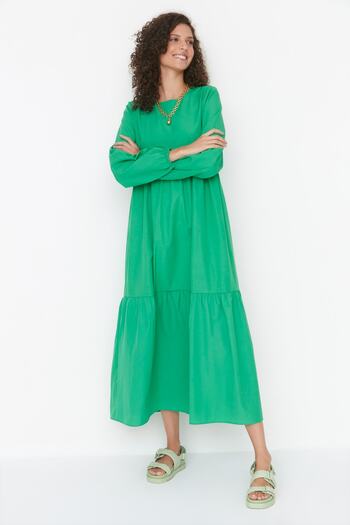 Trendyol Modest Green Gather Λεπτομερές βαμβακερό υφασμένο φόρεμα TCTSS21EL3406