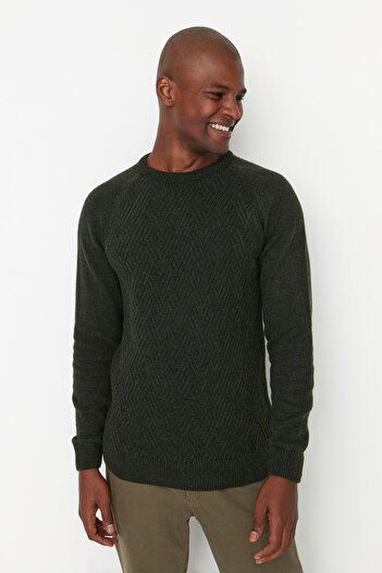 Trendyol Collection Khaki Knitwear Sweater - Slim Fit, Crew Neck, Raglan Sleeve, Wool Blended, Textured TMNAW22KZ0290