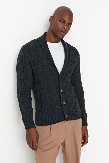 Trendyol Collection Anthracite Slim Fit Wool Shawl Collar Cardigan Tmnaw20Hi0028