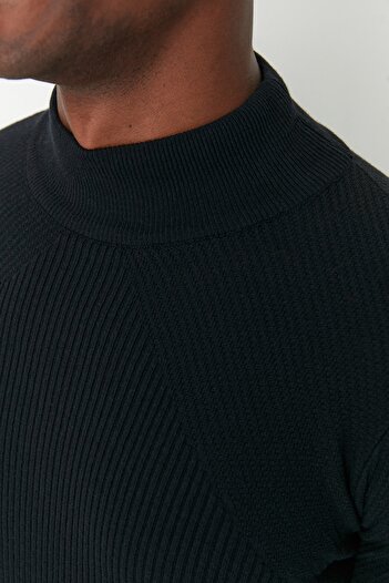 Trendyol Collection Black Unisex Corded Sweater - Cotton, Half Turtleneck, Slim Fit Tmnaw21Kz0553