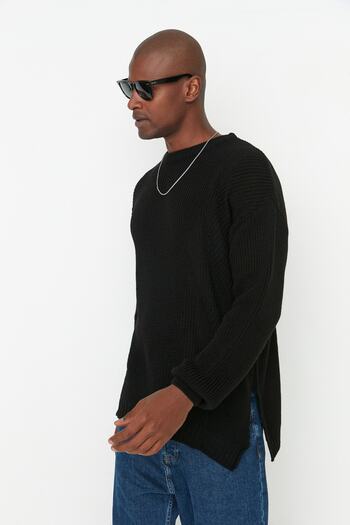 Trendyol Collection Unisex Μαύρο Πλεκτό Πουλόβερ - Crew Neck με λεπτομέρεια με σχισμή TMNAW21KZ0552